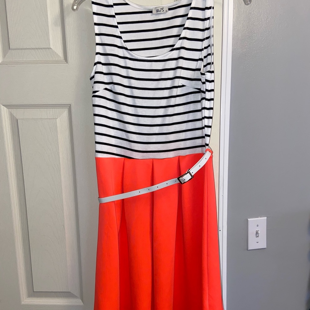 Large Blue S dress, striped top coral skirt